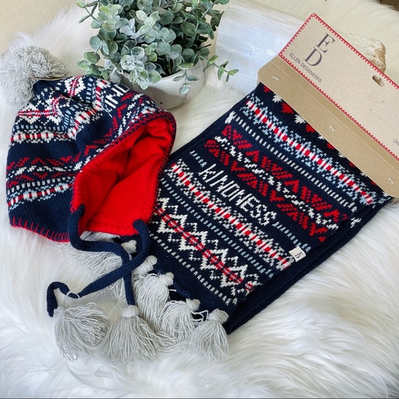 ♥️ELLEN DENGENERES hat and scarf fringe Pom Pom SET KINDNESS Navy Red Set - Picture 8 of 10